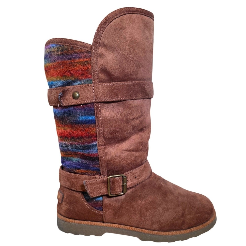 Makalu Brown Suede Faux Fur Lined‎ Tall Boots Multicolor Stripe Buckle  Size 8.5